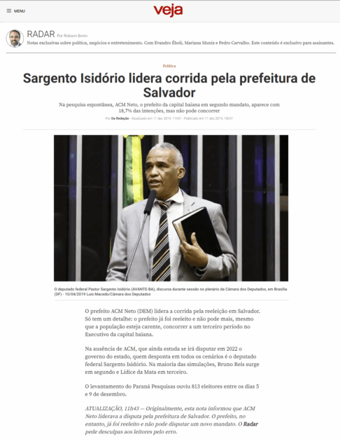 divulga pesquisa realizada no Município de Salvador sobre a situação eleitoral para as