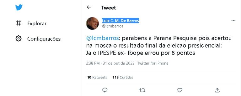 Perfil Luiz C. M. De Barros no Twitter parabeniza Instituto Paraná Pesquisas.